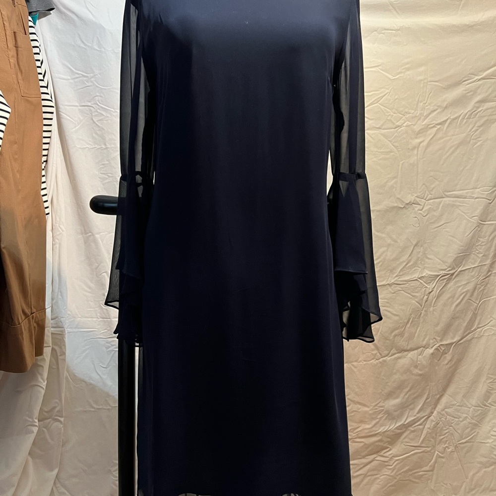 Elegant Navy Blue Sheer Sleeve Dress